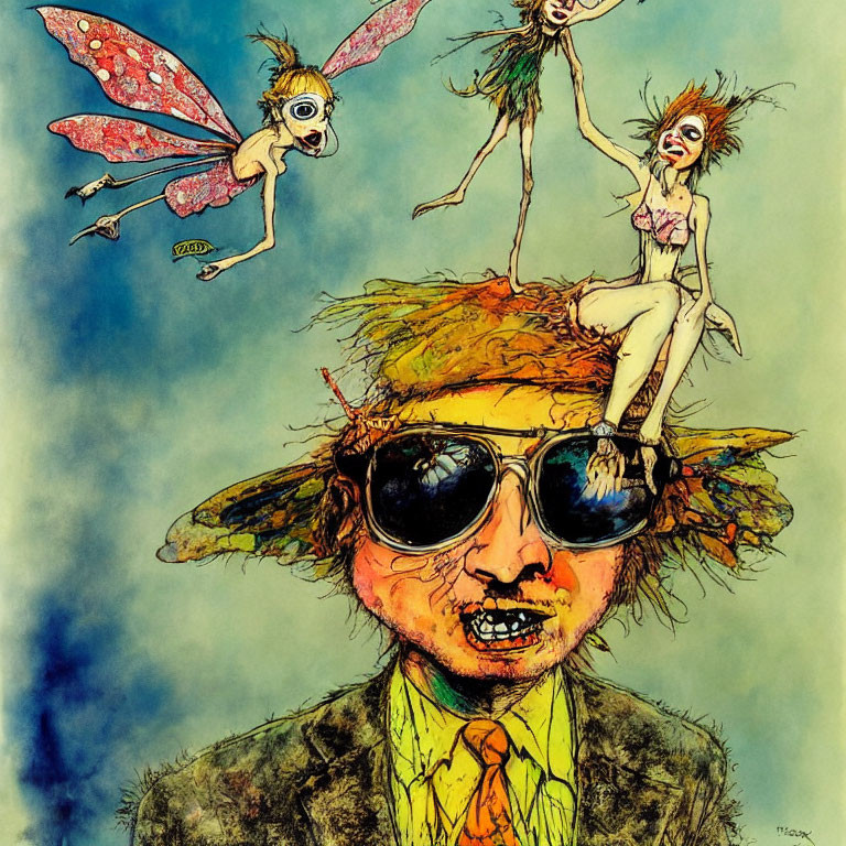 Person with aviator sunglasses and fairy-like creatures on straw hat.