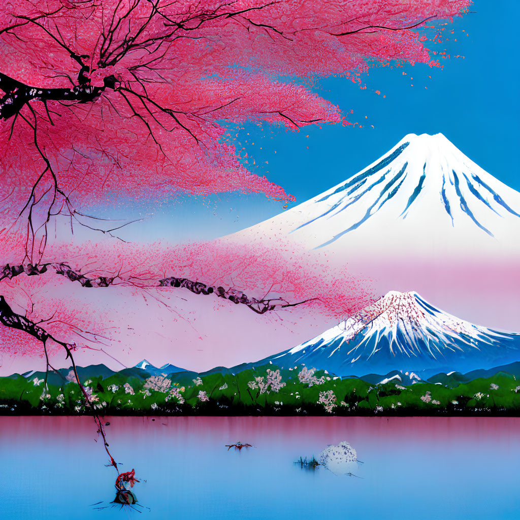 Scenic artwork: Mount Fuji, cherry blossoms, blue lake