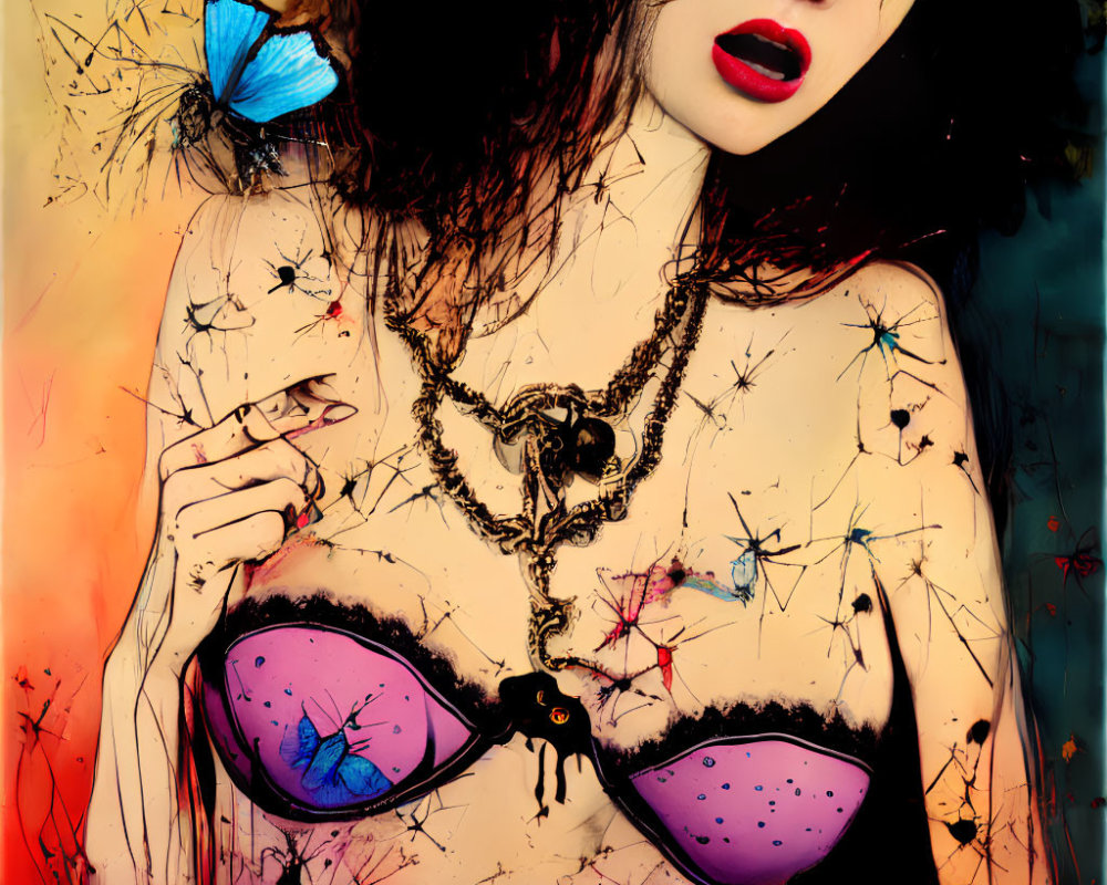 Colorful surreal composition featuring painted woman with butterflies and necklace