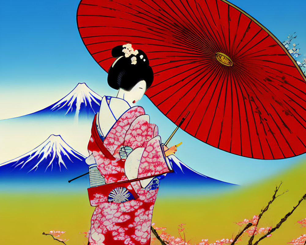 Traditional Japanese Geisha with Red Umbrella, Mount Fuji, and Cherry Blossoms