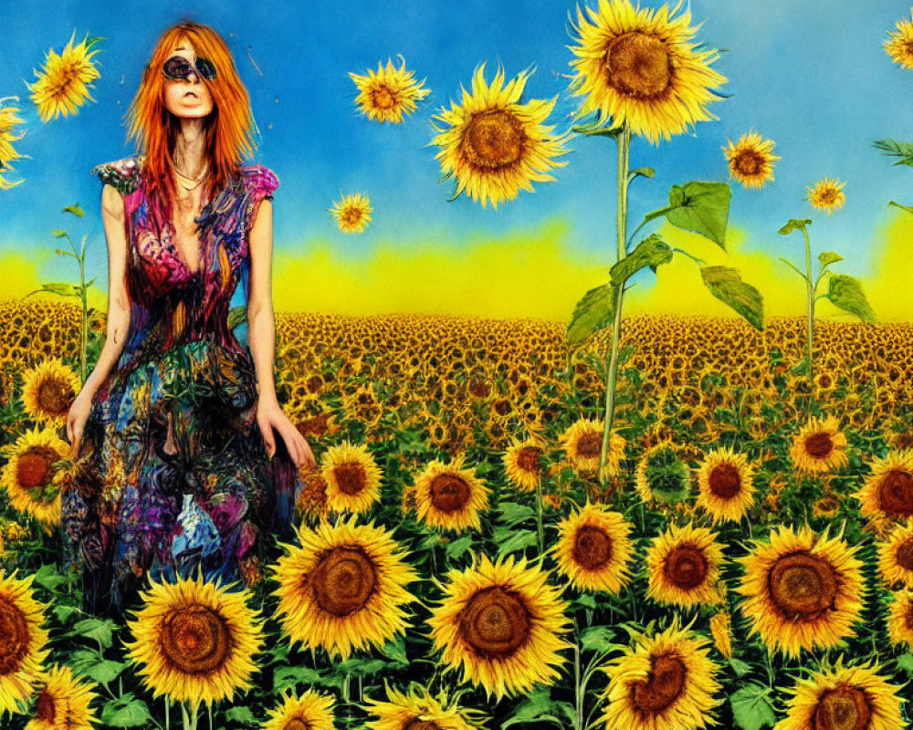 Woman in Colorful Dress Surrounded by Sunflowers