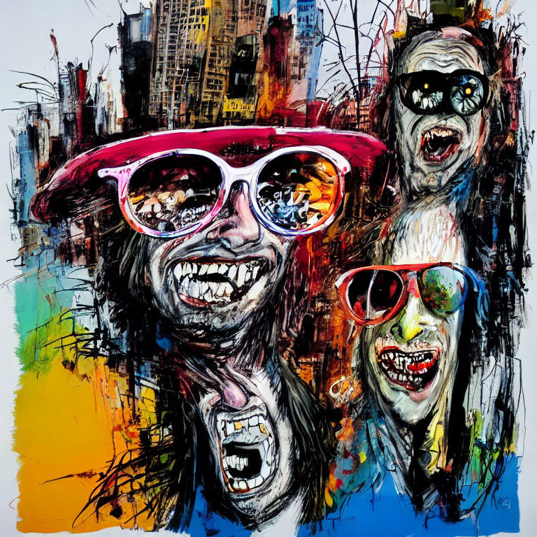 Vibrant abstract painting: three smiling figures in oversized sunglasses against cityscape.