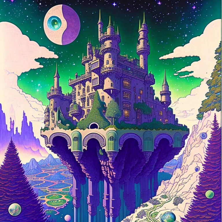 Fantastical castle on rock pillars under starry sky