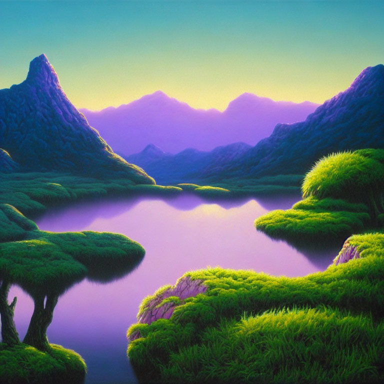 Tranquil landscape with lush greenery, serene lake, and majestic mountains.