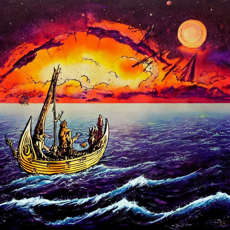 Colorful fantasy artwork: sailors on wooden ship, orange sky, planets, surreal cosmic backdrop