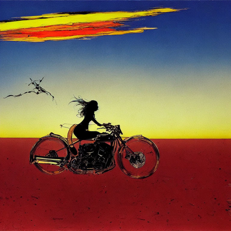 Silhouette of person on motorcycle at sunset with colorful sky above orange landscape