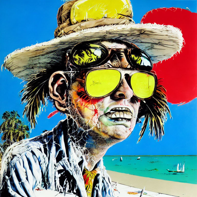 Colorful portrait of a person in sunglasses, hat, and striped shirt by the beach