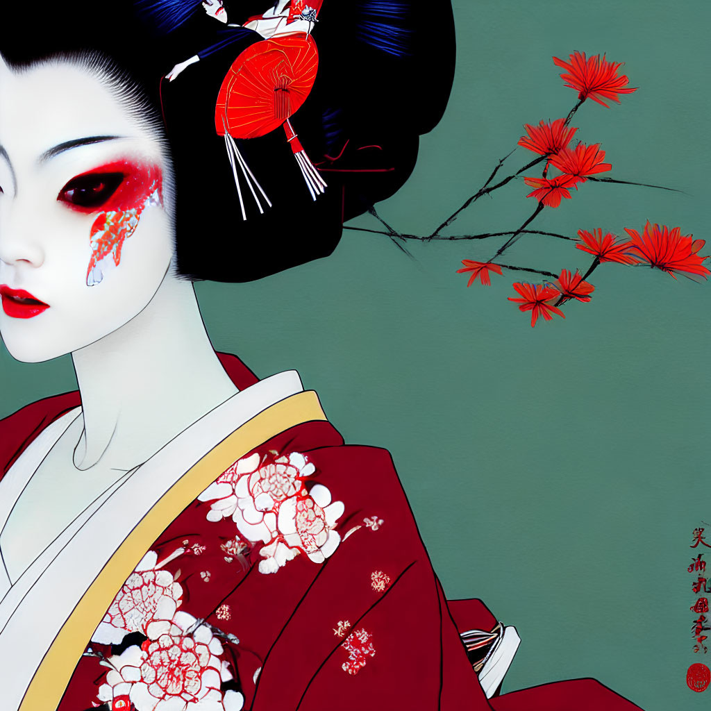 Geisha illustration with white skin, red eyes, vivid makeup, kimono, and floral background.