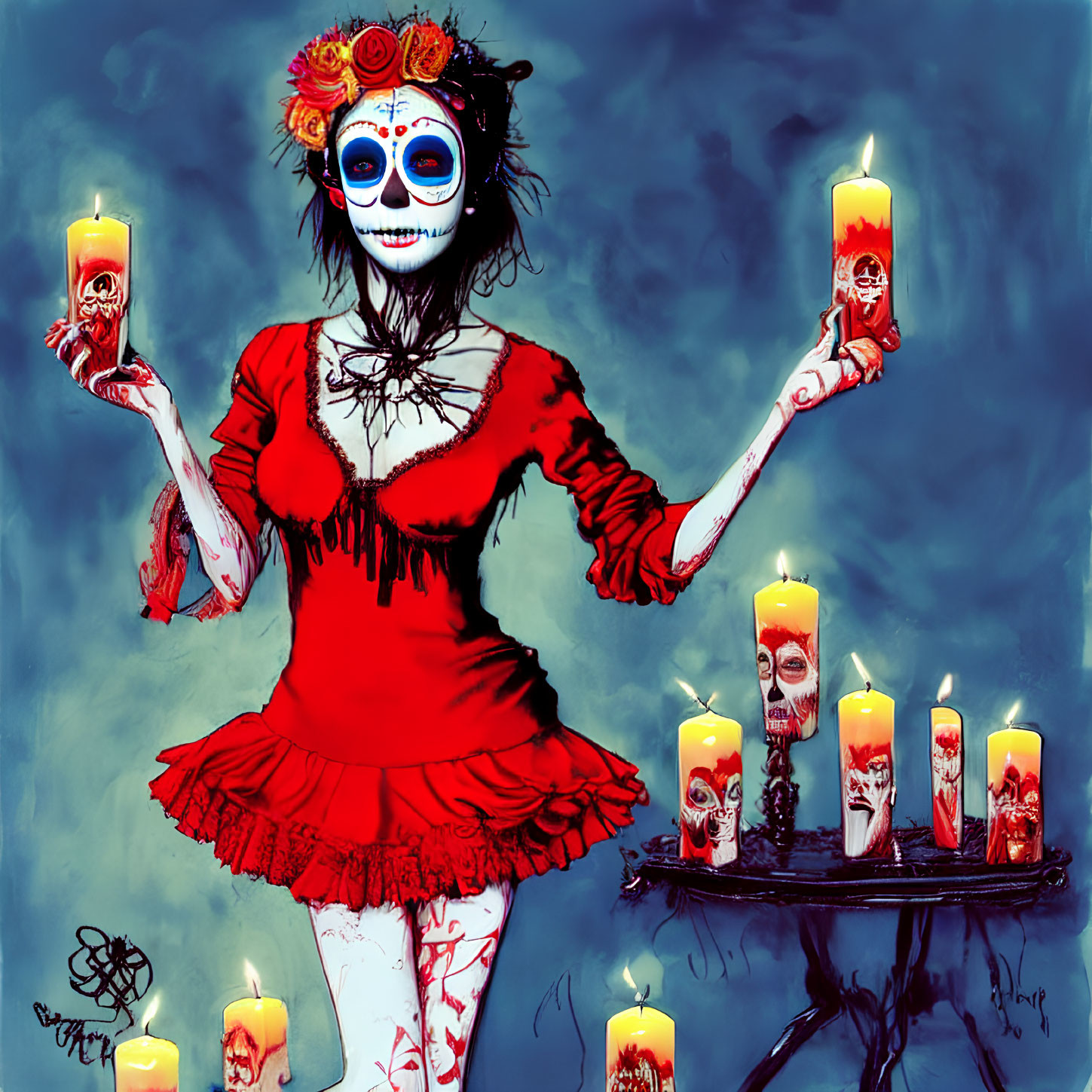 Skull-faced person in red dress surrounded by candles and skull