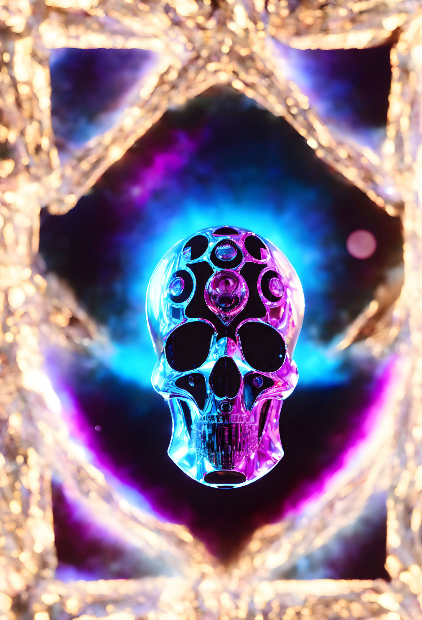 Colorful Crystal Skull Illuminated in Spotlight Against Golden Bokeh