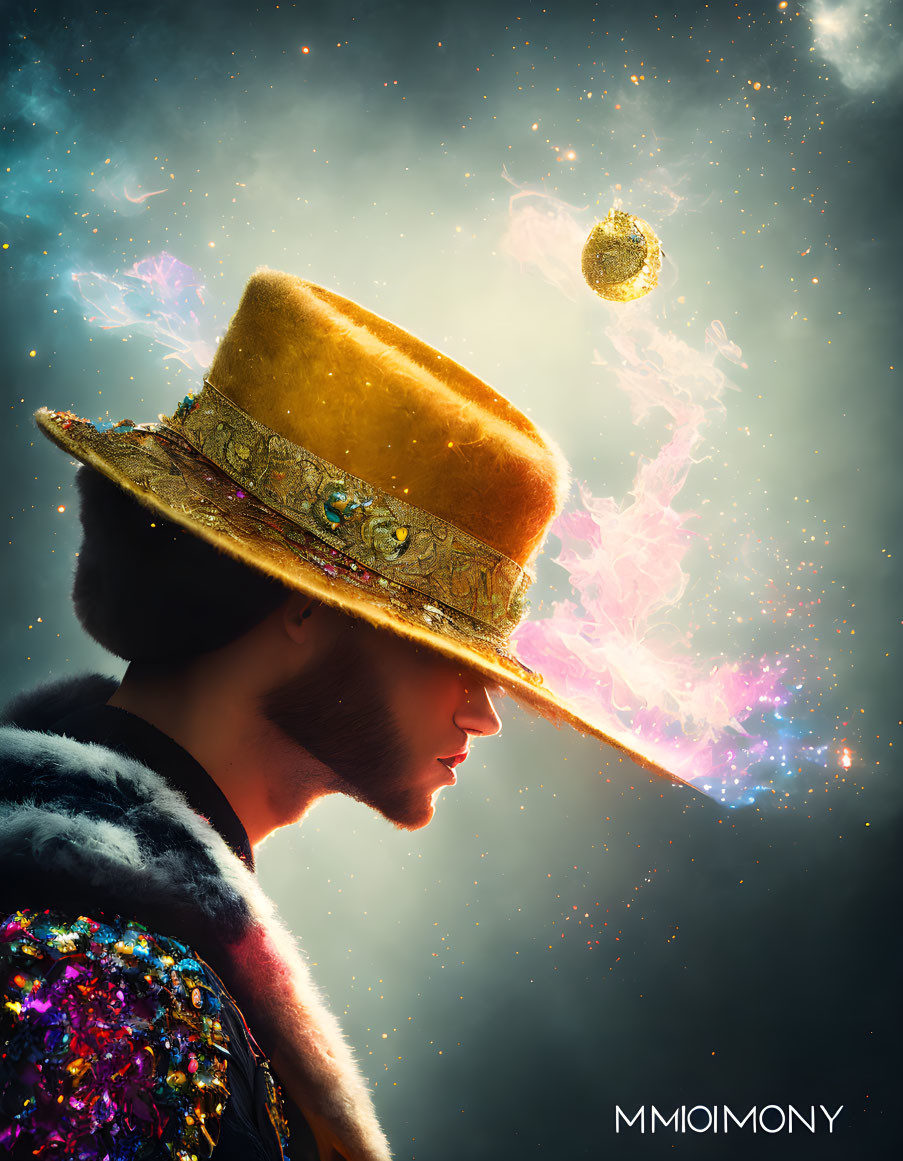 Profile portrait with cosmic background, hat emitting celestial light, sequined jacket, "MMOIMONY