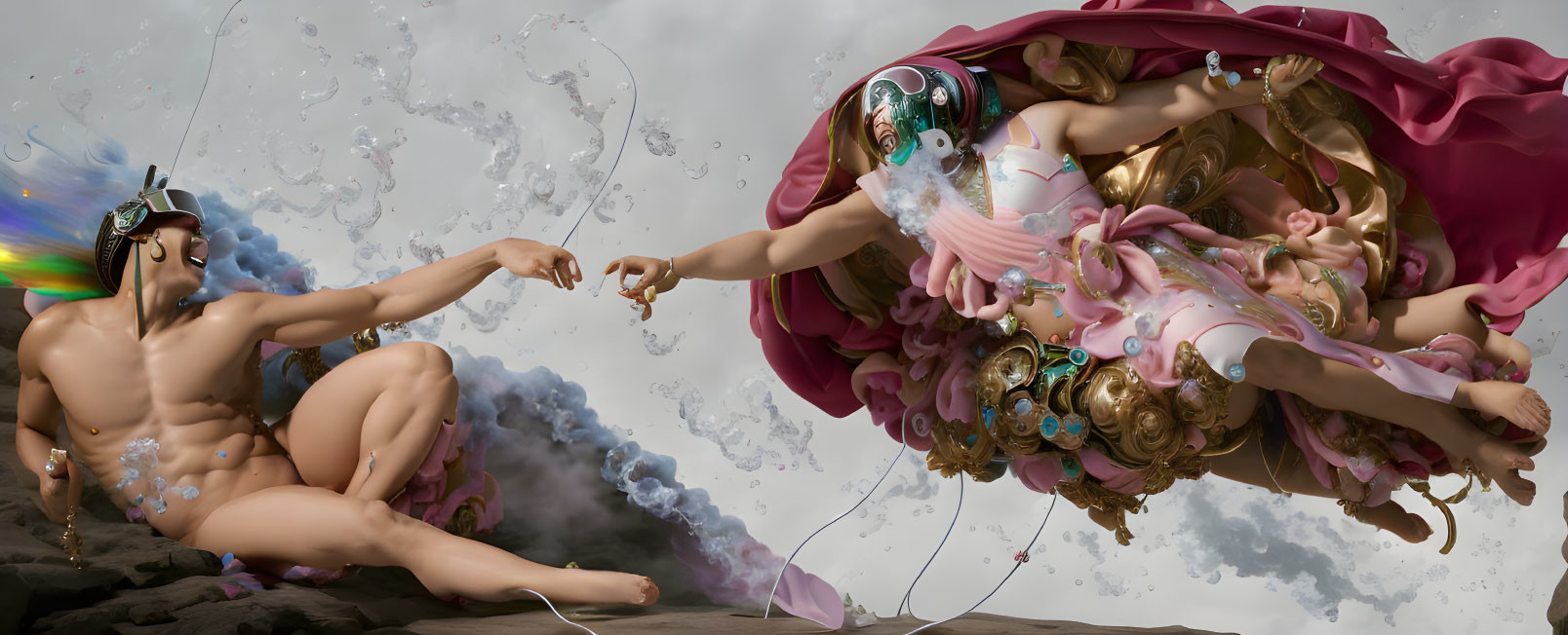 Surreal digital artwork: Figures with ornate headgear in dynamic water and cloud setting.