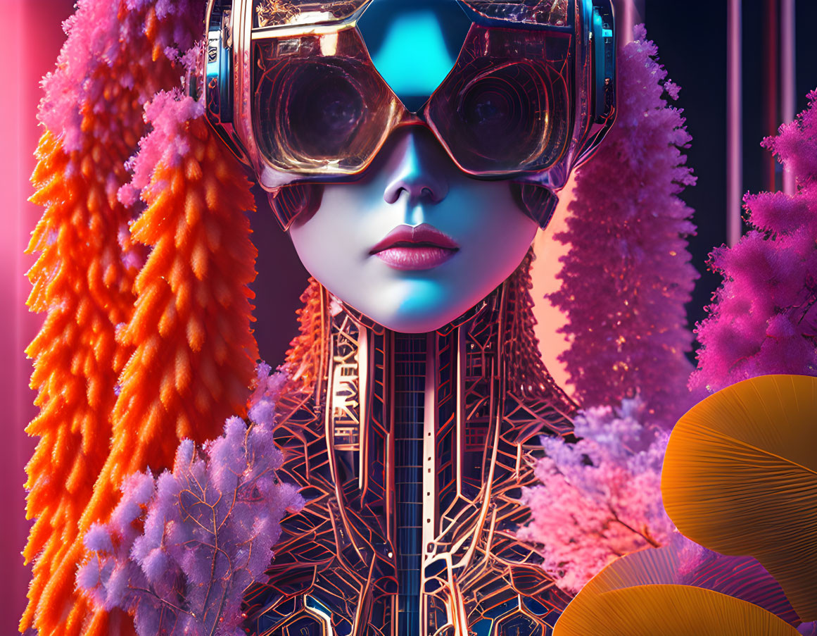 Surreal portrait of person with glossy blue skin and futuristic goggles surrounded by vibrant coral-like structures