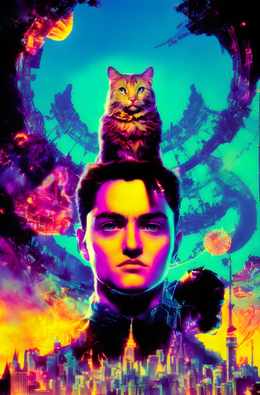 Surreal artwork of male figure with cat on head in futuristic cityscape