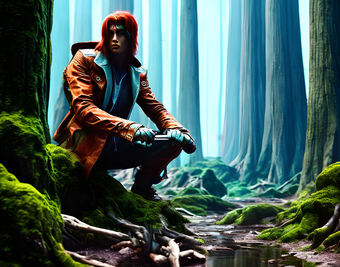 Red-haired person in orange jacket crouching in mystical blue forest