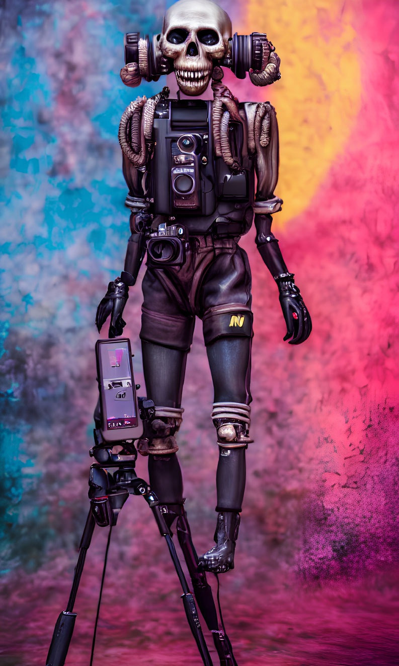 Futuristic skeletal robot with camera body and mechanical limbs on vibrant pink and blue backdrop