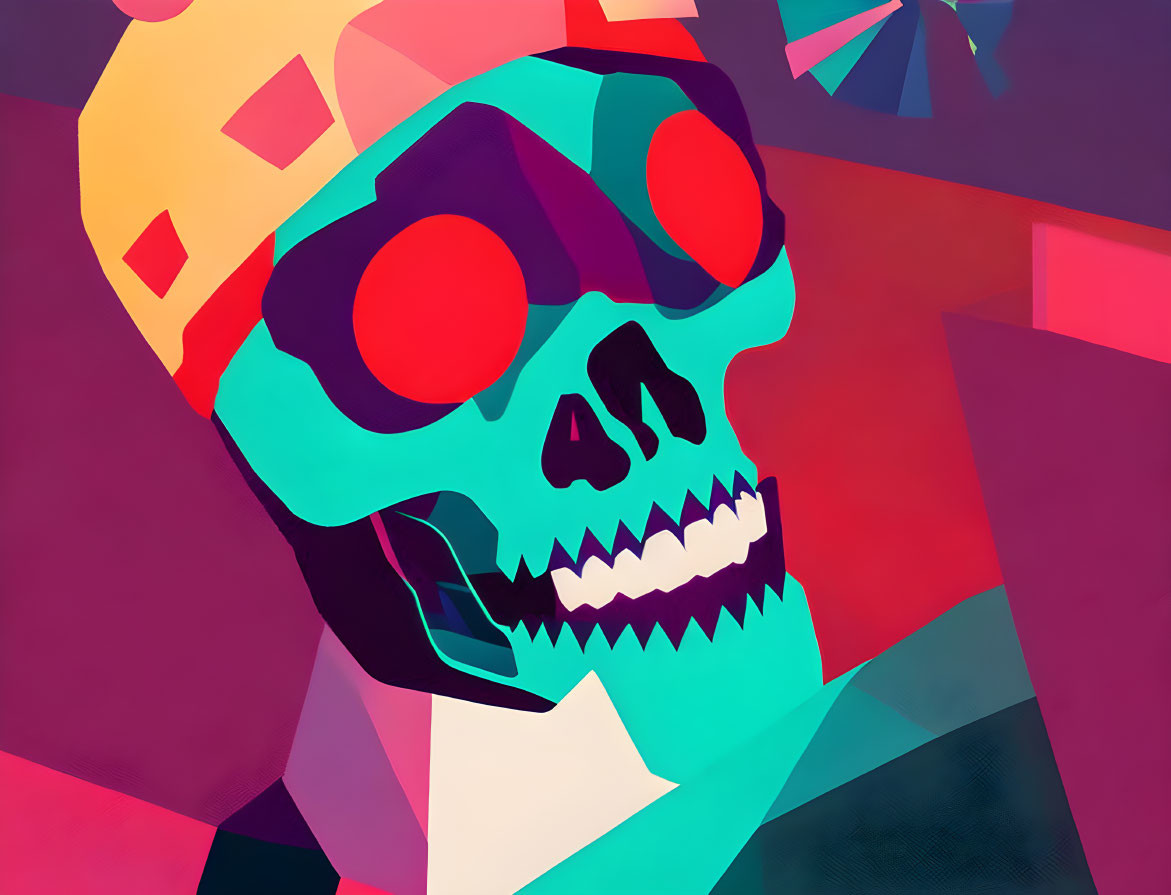 Vibrant abstract skull with red eyes and crown on geometric backdrop