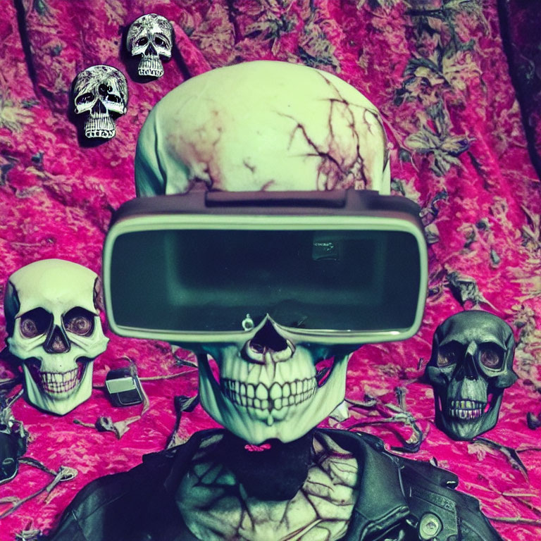 Skull-faced person in VR headset surrounded by skulls on red background