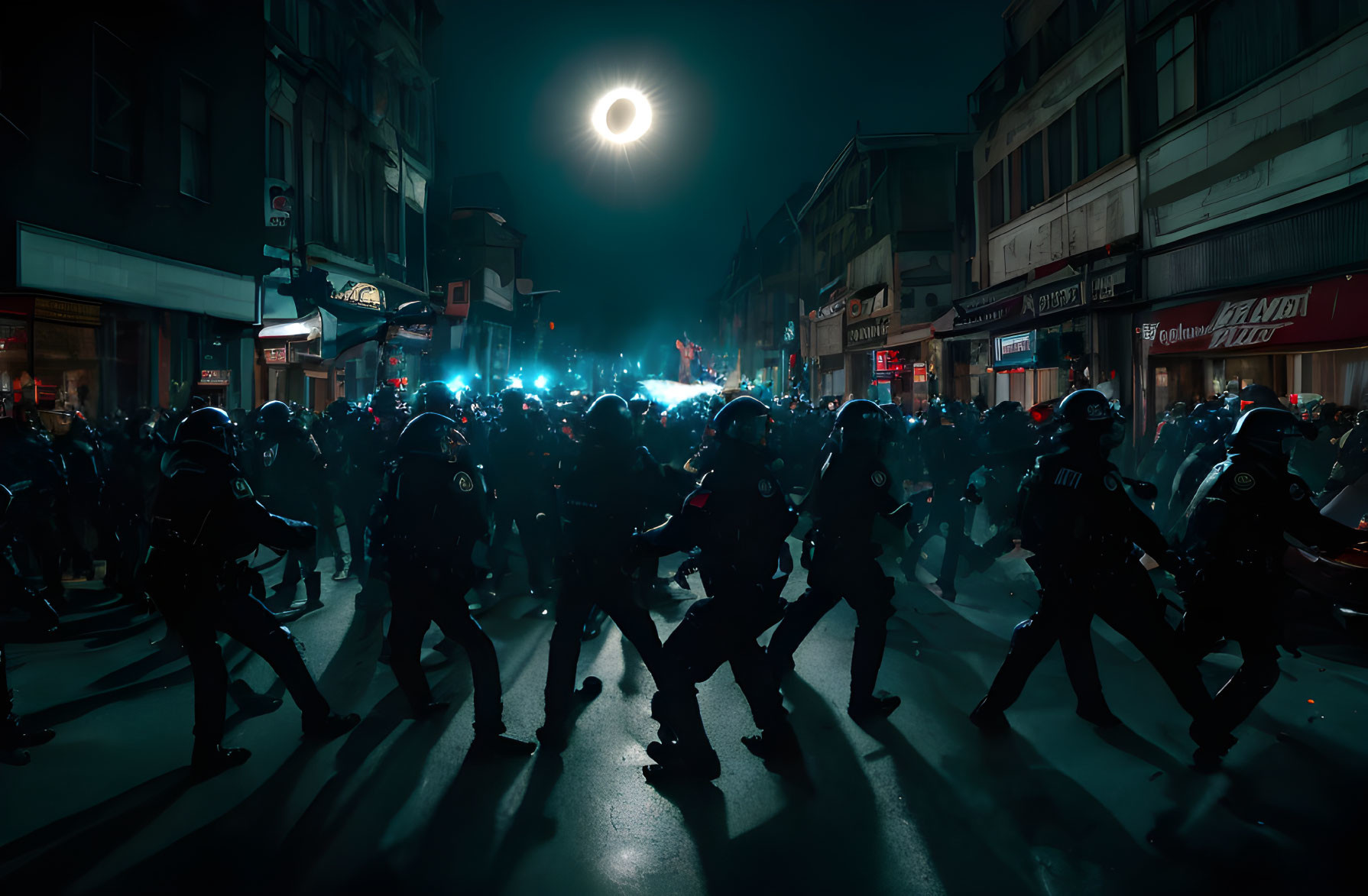 Riot police in gear under full moon on urban street
