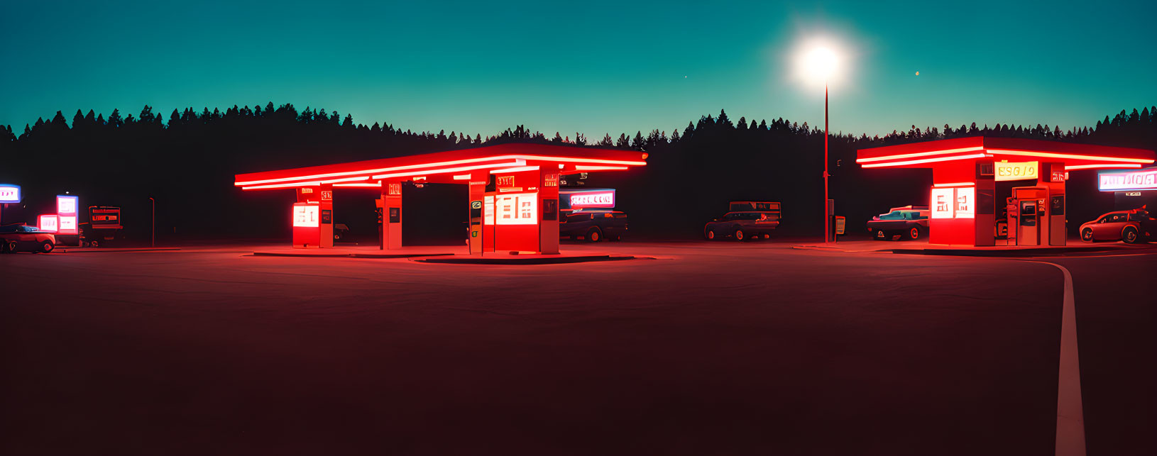 Gas station at night with red neon lights, parked cars, and forest under dark sky