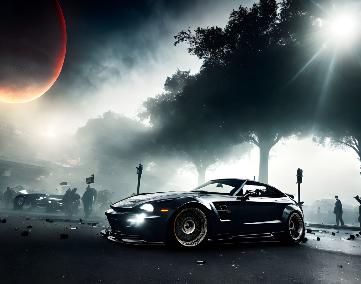 Black sports car with stripes in foggy scene with silhouettes and red celestial body