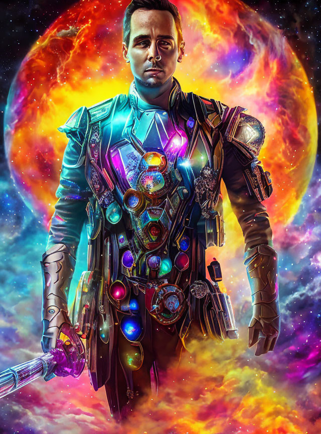 Futuristic armored suit with glowing stones in cosmic background