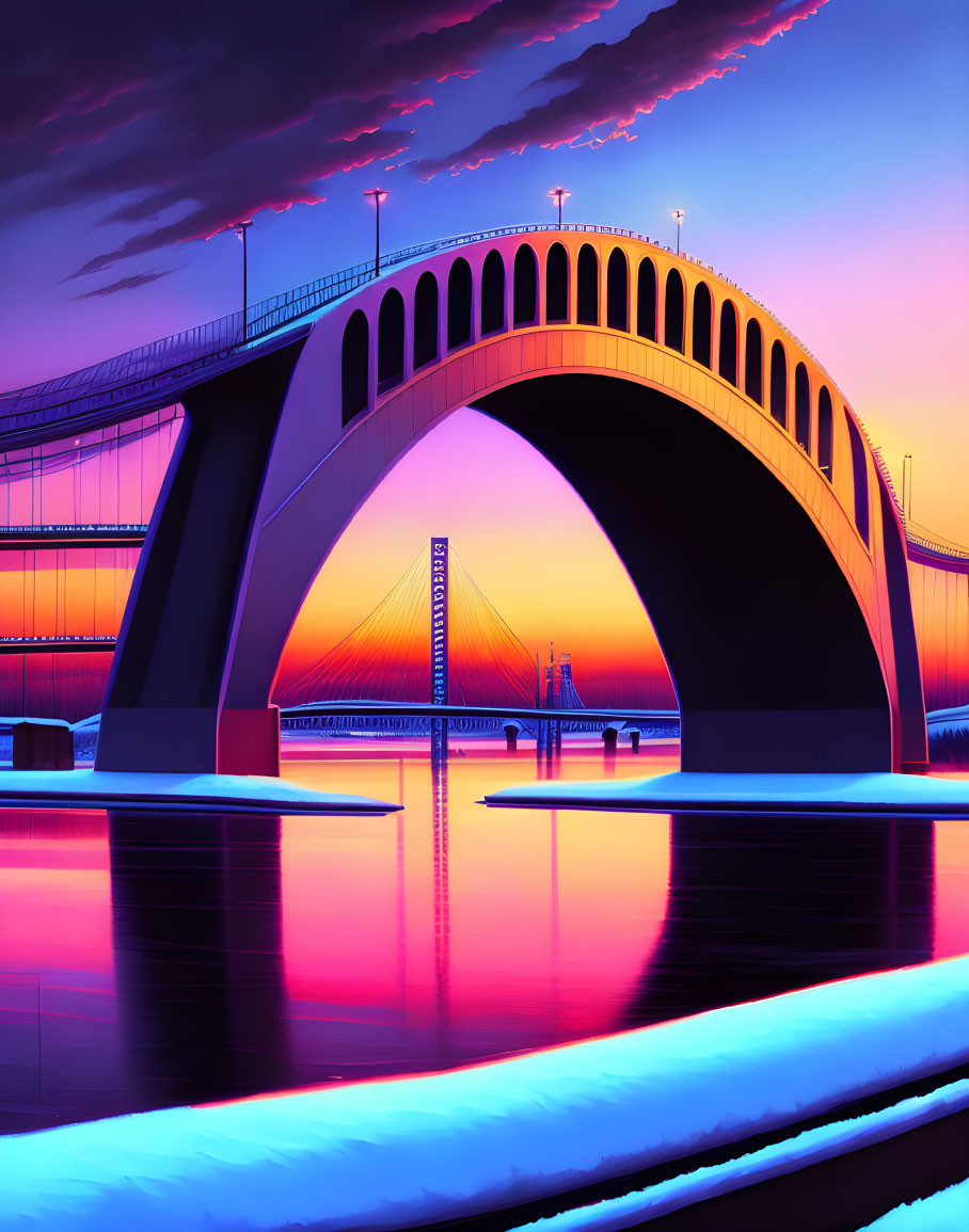 Digital artwork: Arched bridge over calm river at sunset