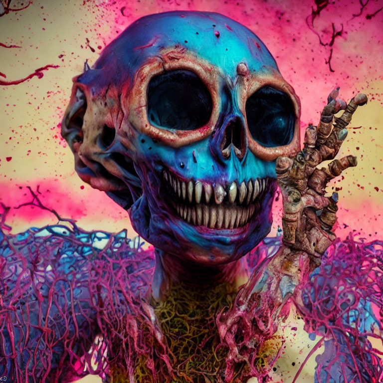 Colorful skull with wide grin and branch-like structure on neon splattered background