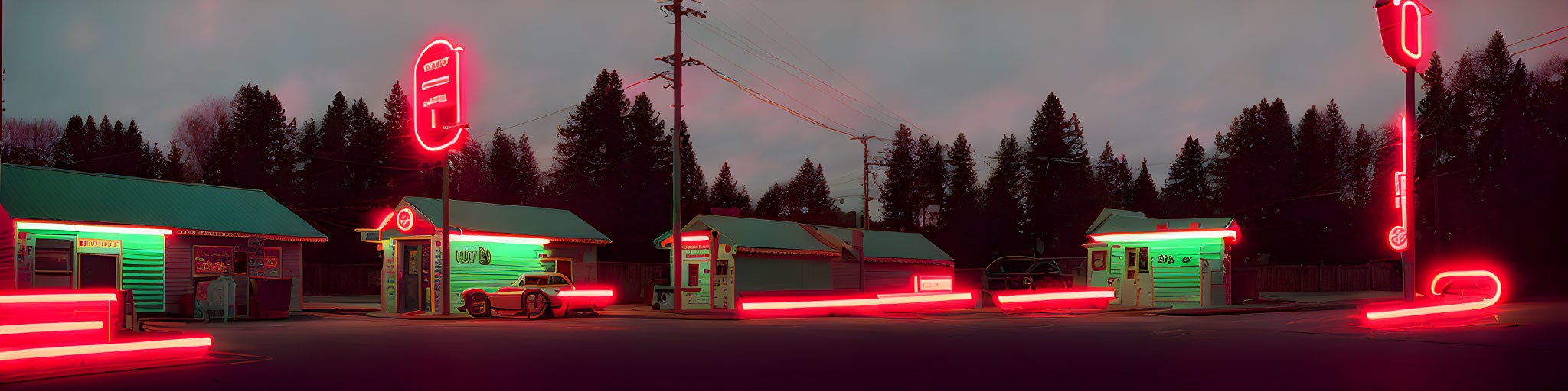 Vintage Motel Twilight Scene with Red Neon Signs & Classic Car