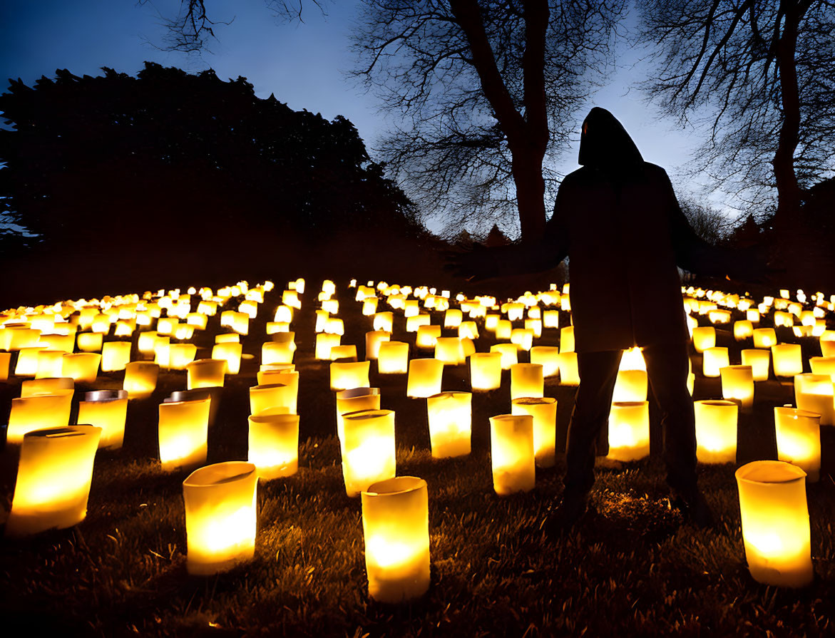 Silhouette of person among lit candles at dusk