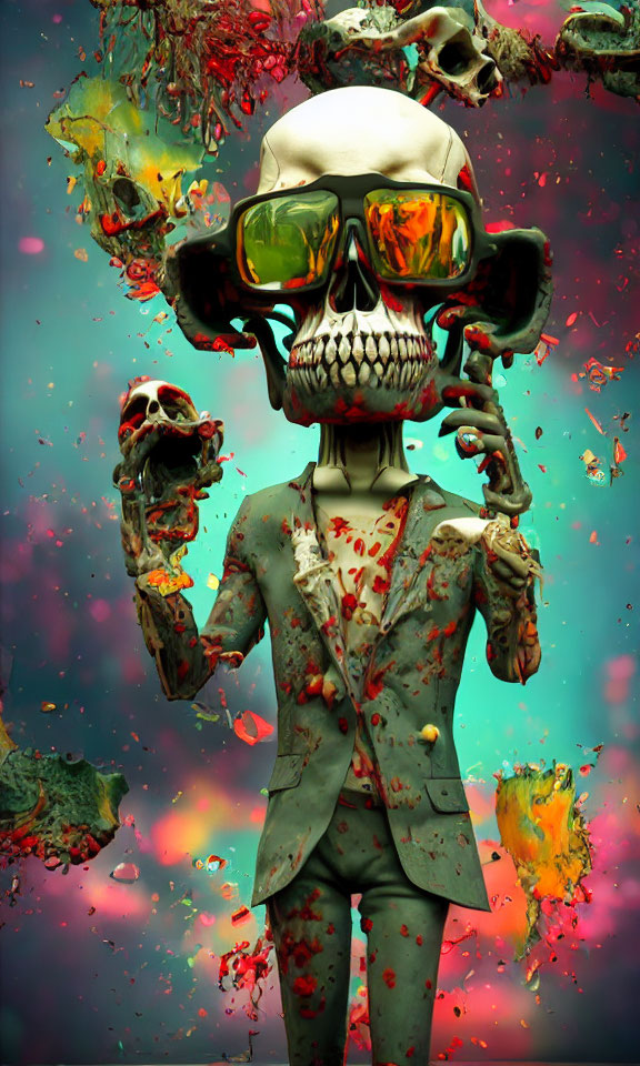 Surreal 3D Skeleton in Suit with Chaotic Background