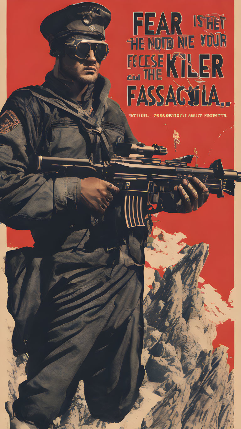 Military soldier with rifle in uniform against red backdrop and propaganda-style text.