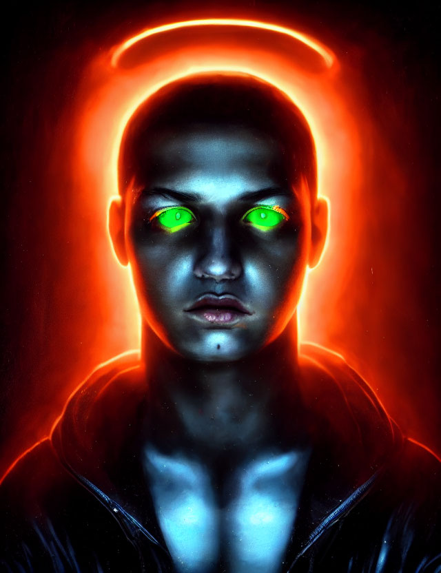 Portrait of a person with glowing green eyes and neon orange halo on dark background