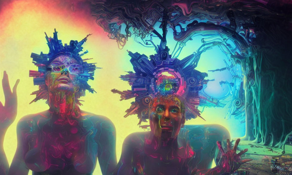 Colorful digital artwork: humanoid figures with elaborate headpieces in psychedelic setting.