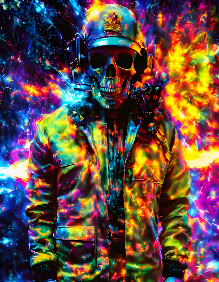 Colorful neon skull with military gear on fiery background