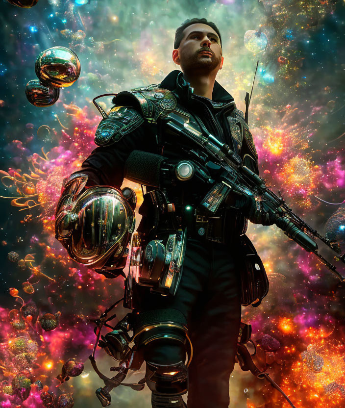 Futuristic armored figure surrounded by cosmic bubbles and vibrant nebulae