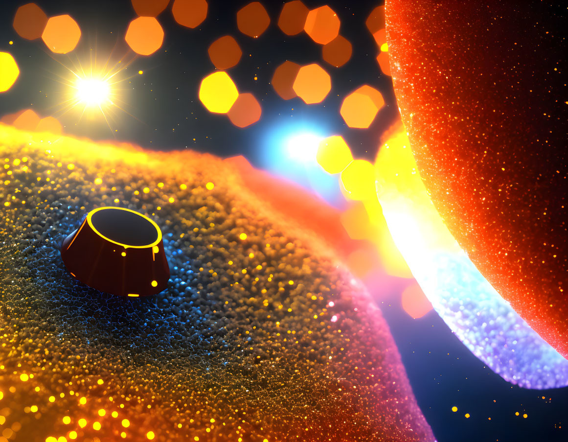 Colorful digital art: mystical landscape with hexagonal patterns, glowing sun, and mysterious object.