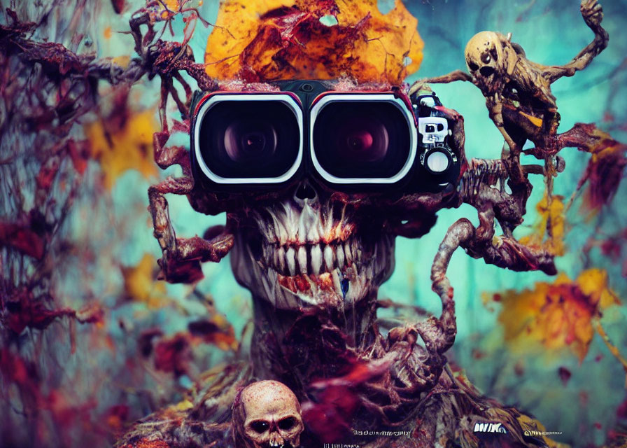 Skull-faced fantasy figure with binoculars in spooky forest scene