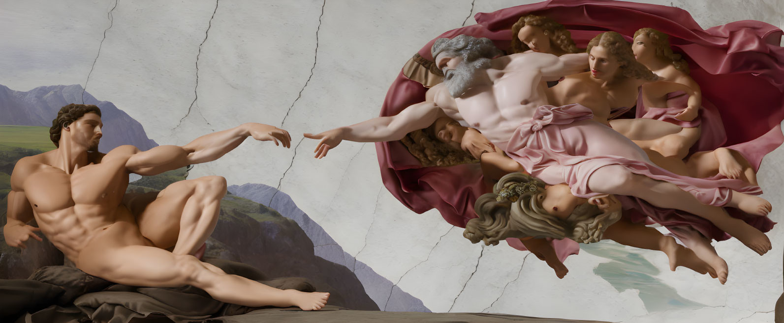 Digital artwork: Fusion of Creation of Adam with muscular man and majestic landscape