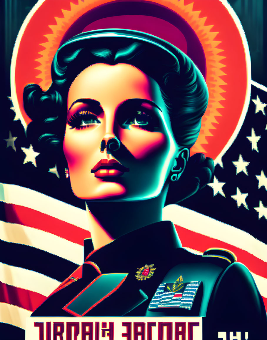 Colorful retro-futuristic artwork of a woman in military uniform against American flag.