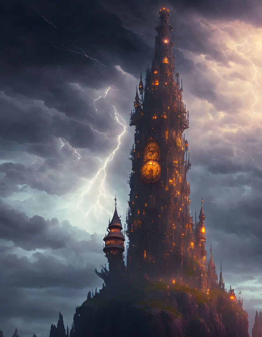 Gothic clock tower under stormy sky with lightning and warm lights