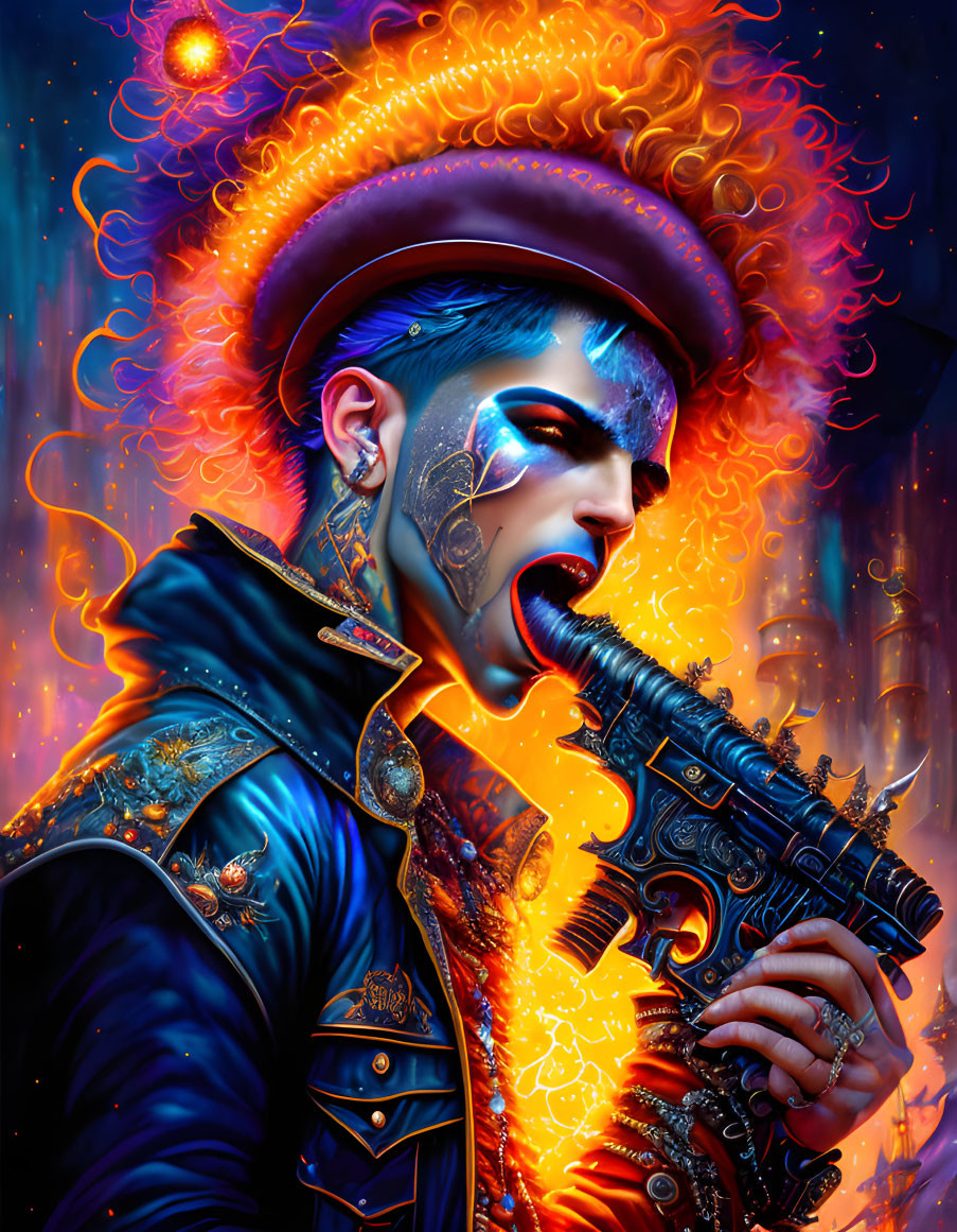 Vibrant illustration: Blue-skinned person with golden-orange hair, biting futuristic blaster against fiery