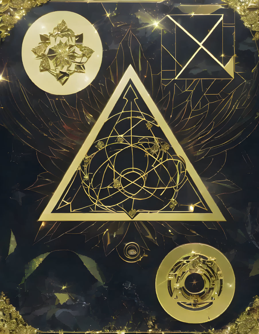 Gold Geometric Symbols on Dark Background with Leaves and Light Effects