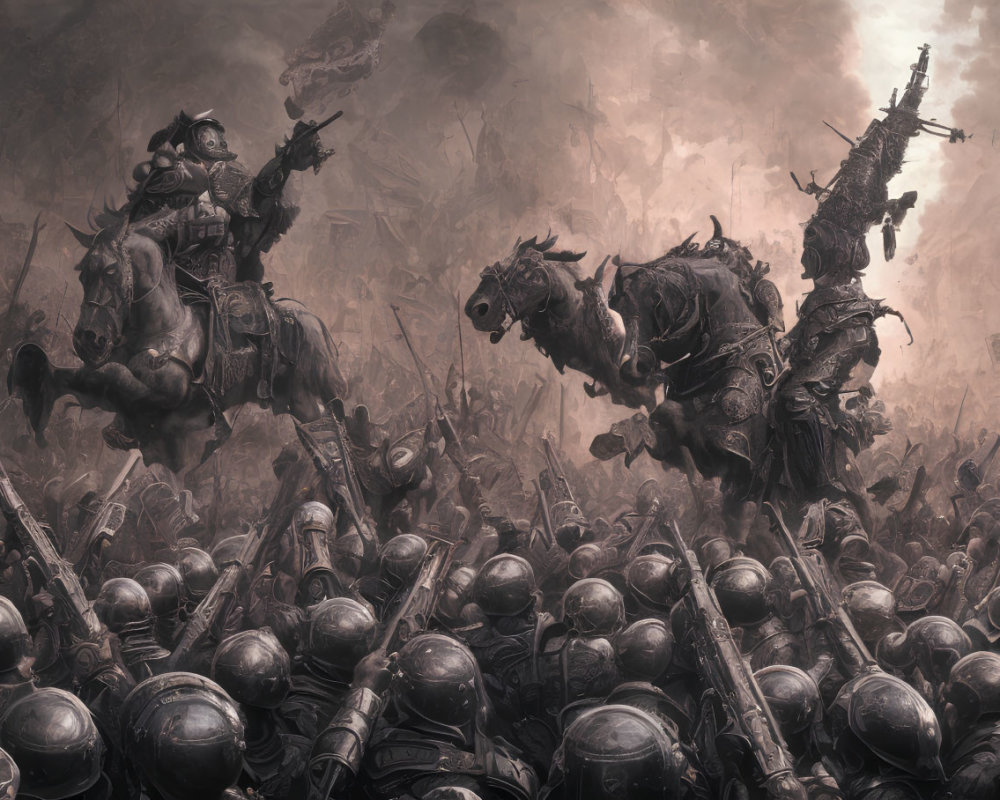 Armored warriors on horseback in chaotic battlefield scene