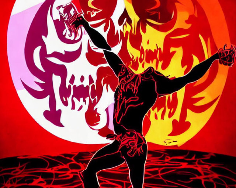 Silhouette of person with outstretched arms against fiery background with menacing faces