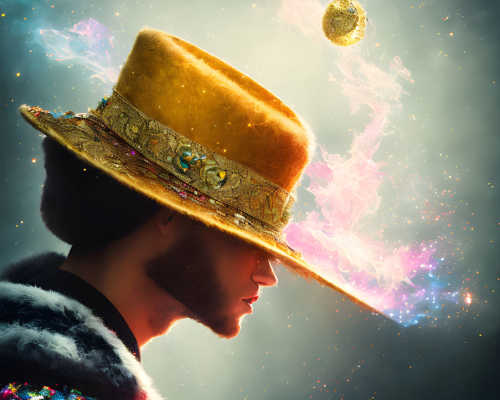 Profile portrait with cosmic background, hat emitting celestial light, sequined jacket, "MMOIMONY