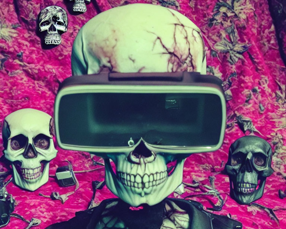 Skull-faced person in VR headset surrounded by skulls on red background