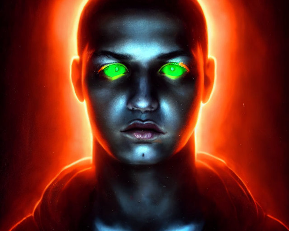 Portrait of a person with glowing green eyes and neon orange halo on dark background