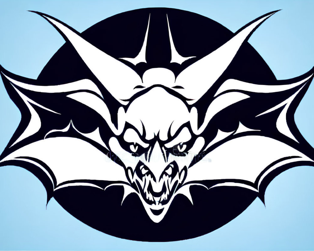 Monochrome bat illustration with fierce facial features and spread wings on blue background