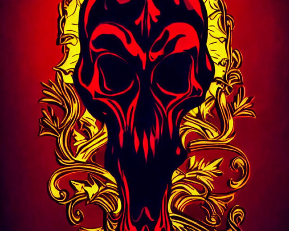 Stylized skull with red and black shading on ornate golden floral background